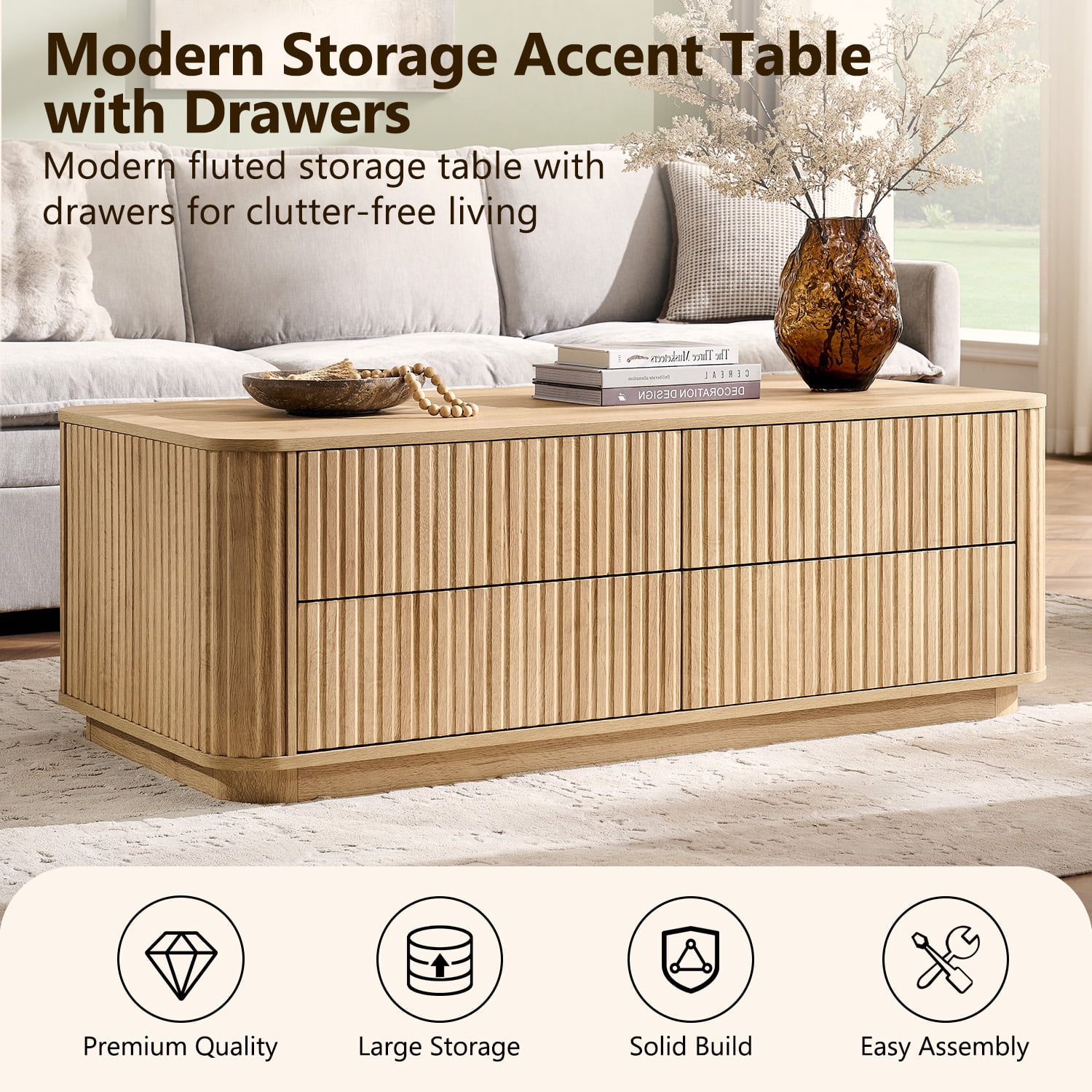 IFMUST 51" Modern Fluted Coffee Table with 4 Hidden Drawers, Curved Edges, for Living Room
