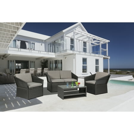 Wicker Furniture Ft Myers Fl Baner Garden N77 Outdoor Furniture 4 Pieces Patio Wicker Rattan Garden Set with Grey Cushions, Black ()