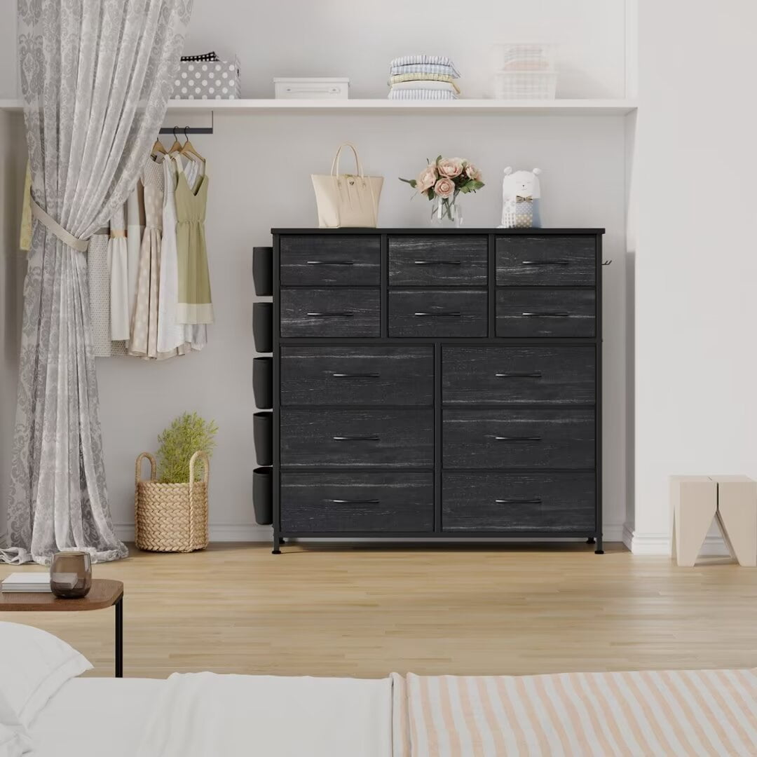 Dresser for Bedroom with 12 Drawers, Wide Fabric Dressers of Drawers with Side Pockets, Chest of Drawers for Living Room, Closet, Hallway, Black