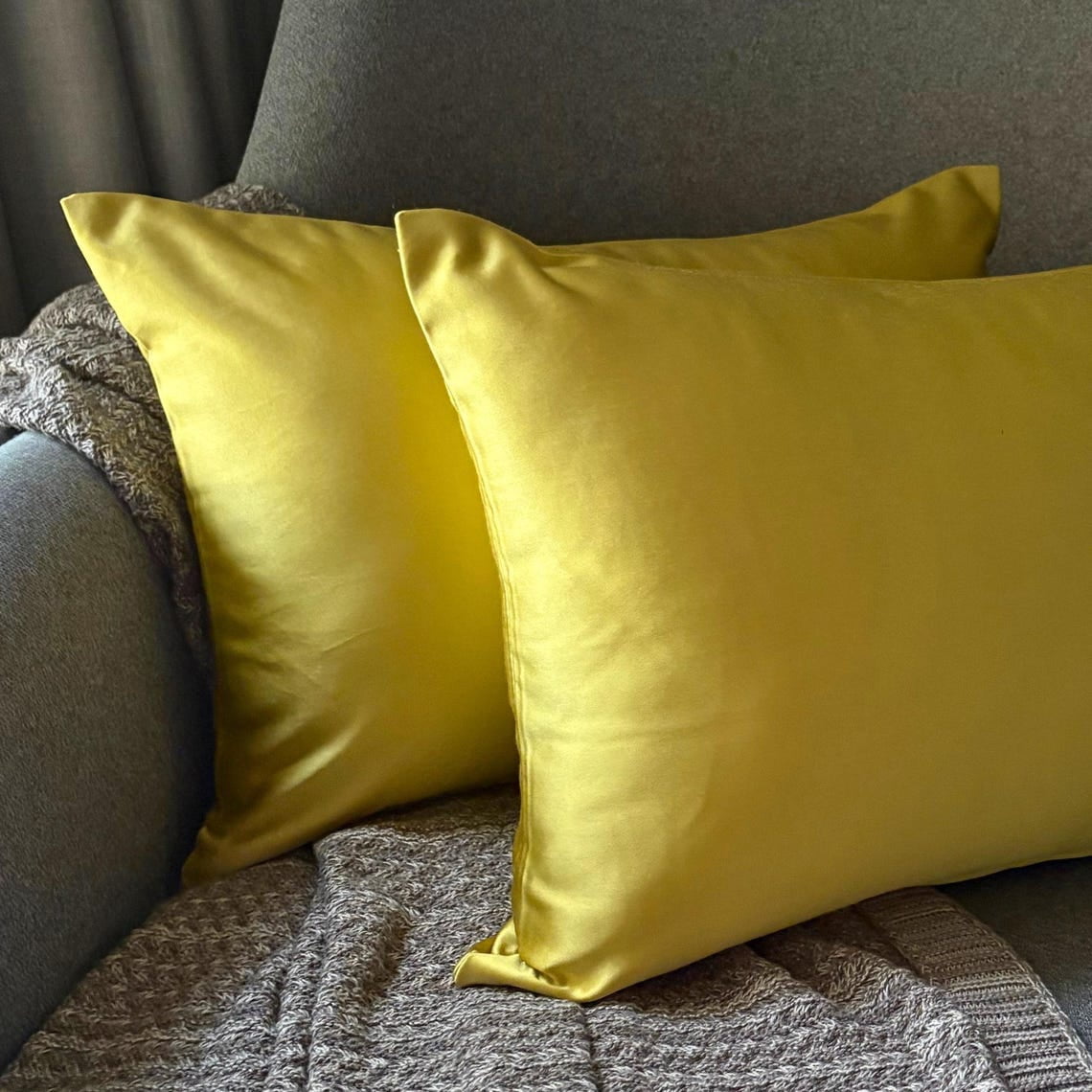 Dull Yellow Decorative Lumbar Pillow Cover 14"x24" | Pack of 2 Modern Satin Oblong Cushion Cover Solid | Plain Solid Pillowcases for Bed, Couch & Sofa, Modern Home Décor - Dull Yellow Slub Satin