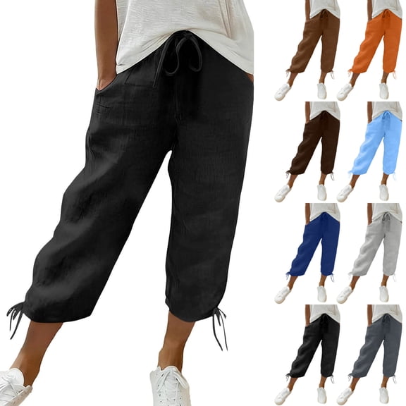 JOANKDMI Cotton Capris for Women Plus Size Elastic Waist Adjustable Drawstring Hem Comfortable Cropped Bottoms Summer Casual Fashion Pants,L