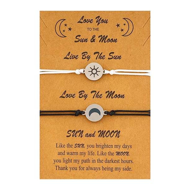 2Pcs Set Corazón Sol Luna Pulseras con Encanto para Mujeres Hombres Hecho a Mano Cuerda Trenzada Pulseras Ajustable Pareja Amistad Joyería Regalo