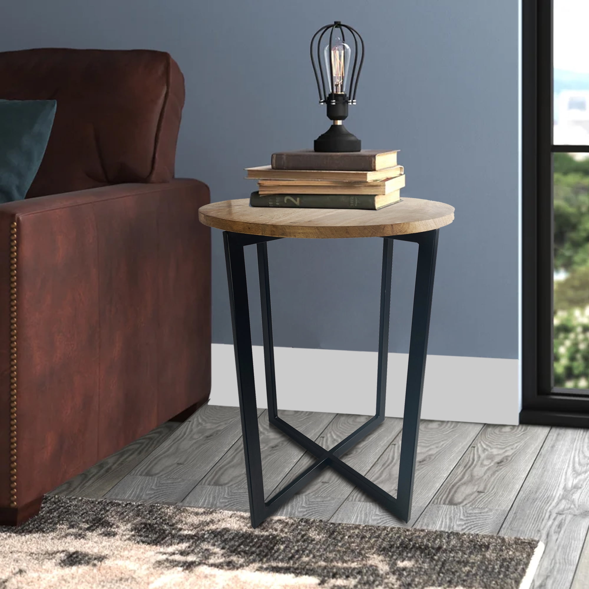 22" Black Cross Legs High Side Table with Mango Wood Top