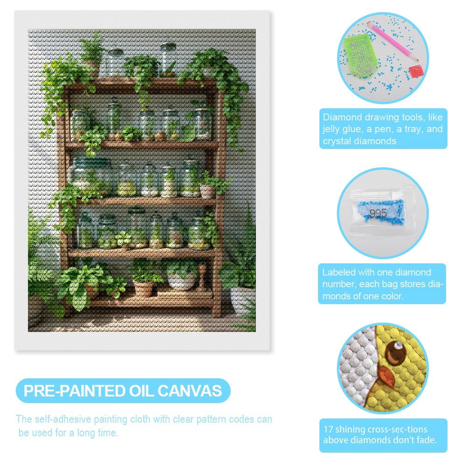 Diamond Art Kits for Adults, Greenery Jars On Wooden Shelves 5D Diamond Painting Kits for Adults Beginners, DIY Full Drill Diamond Painting, Gem Art and Crafts 12x16