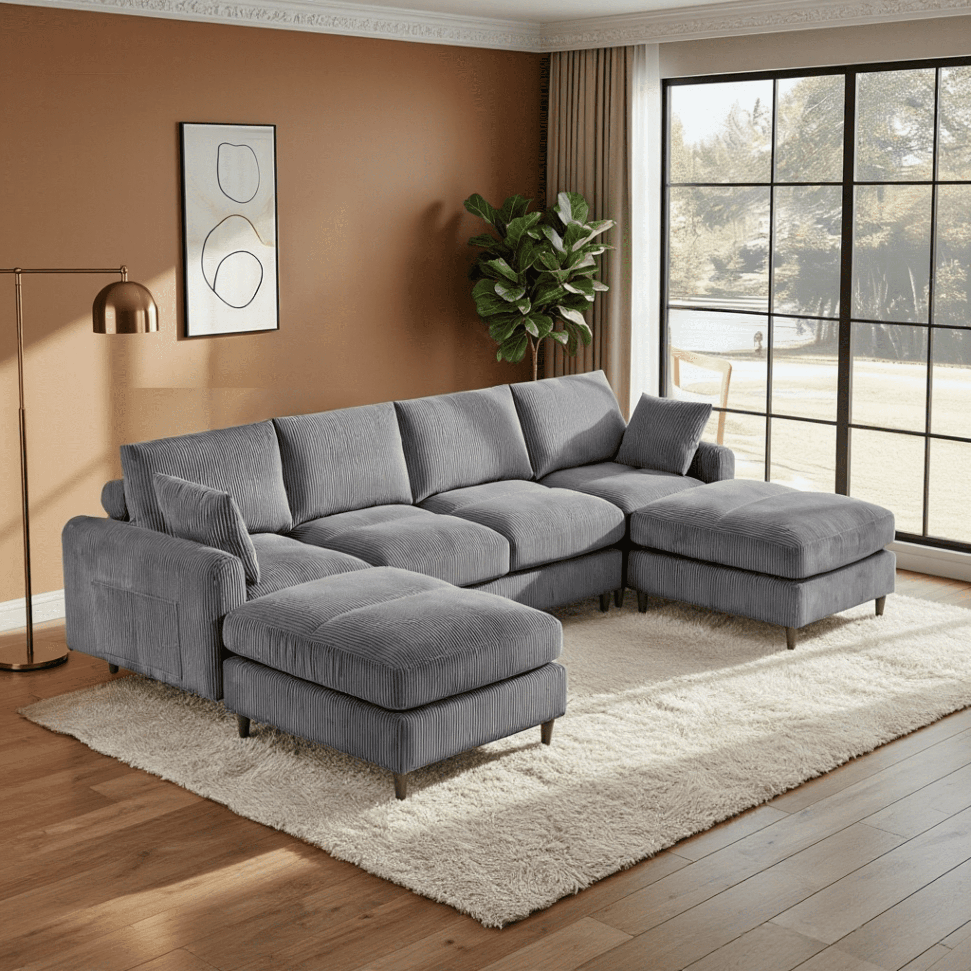 BSHTI Modern 6-Seat Corduroy Modular Sectional, U-Shape Convertible Couch with Ottoman, with Adjustable Head Pillows and Storage Pockets, Grey