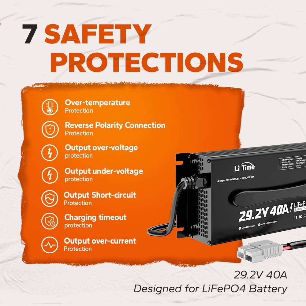 LiTime 24 (29.2) Volt 40A Mountable Lithium Battery Charger Intelligent AC-DC LiFePO4 Lithium Battery Smart Charger for 24Volt Lithium Iron Phosphate Batteries