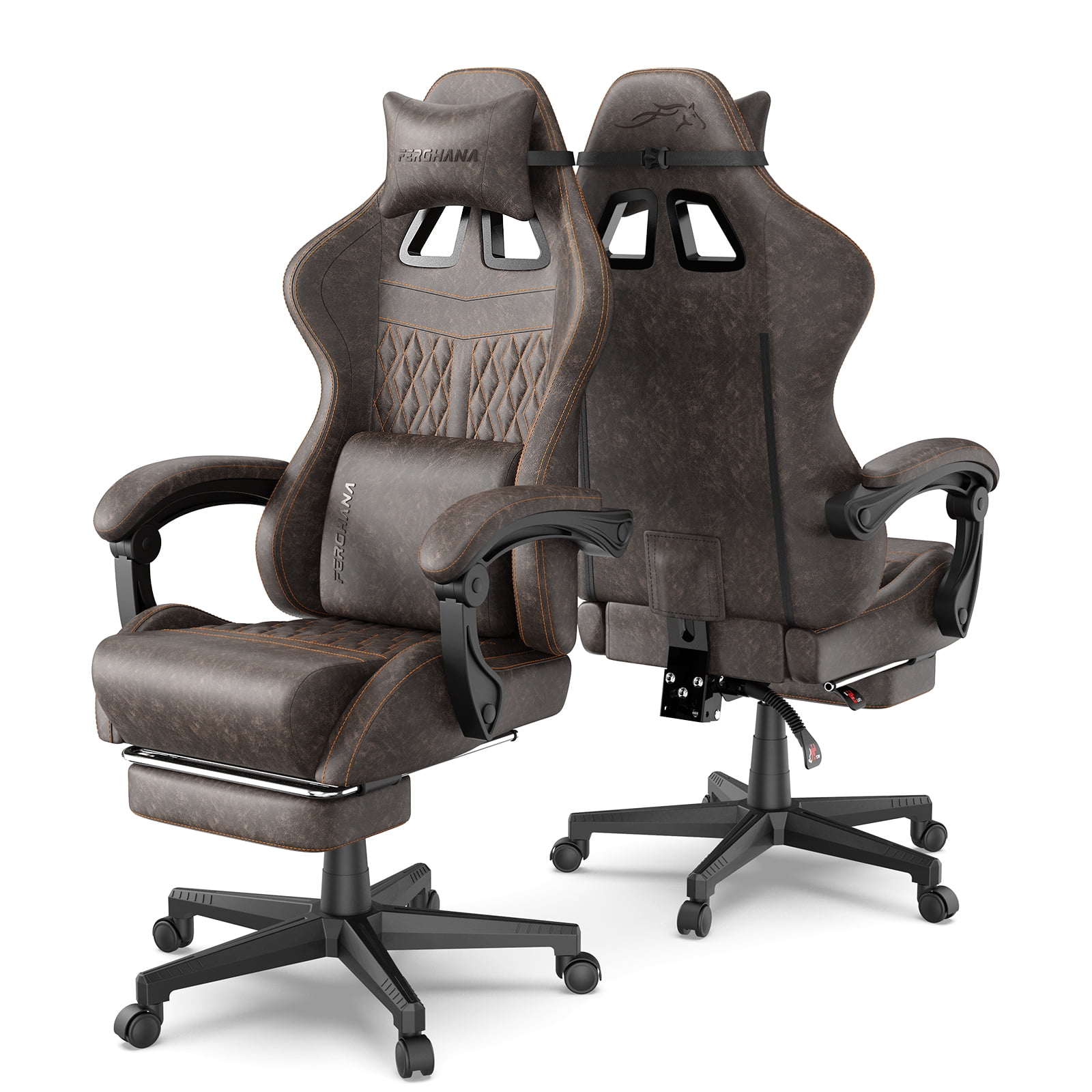 Luxvie Gaming Chair with Footrest Computer Ergonomic Office Chair with Massage Lumbar Support & Headrest, High Back Vintage Game Chair for Adults and Kids, Brown