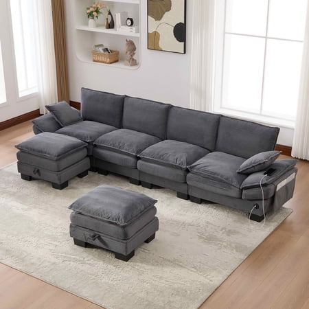 MAYEERTY Multi-Config Cloud Corduroy Modular Sofa, Deep Seat Sectional Couch with Storage Footstool & USB Ports for Small Apartment