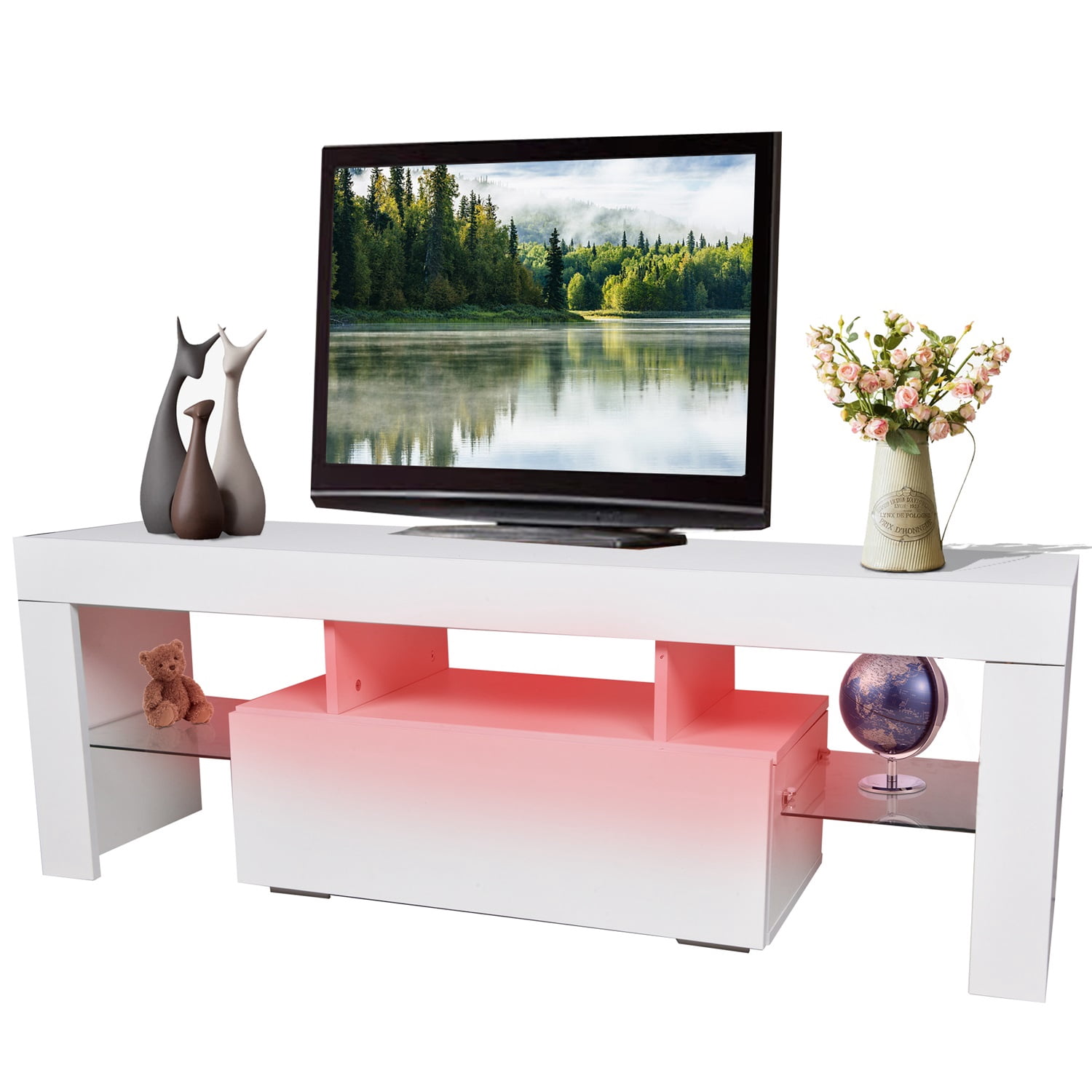 Hommoo Modern TV stand with LED Lights, TV Media Console Entertainment Center with Drawer, Storage TV cabinet with Glass Shelf for 55 Inch TV, White