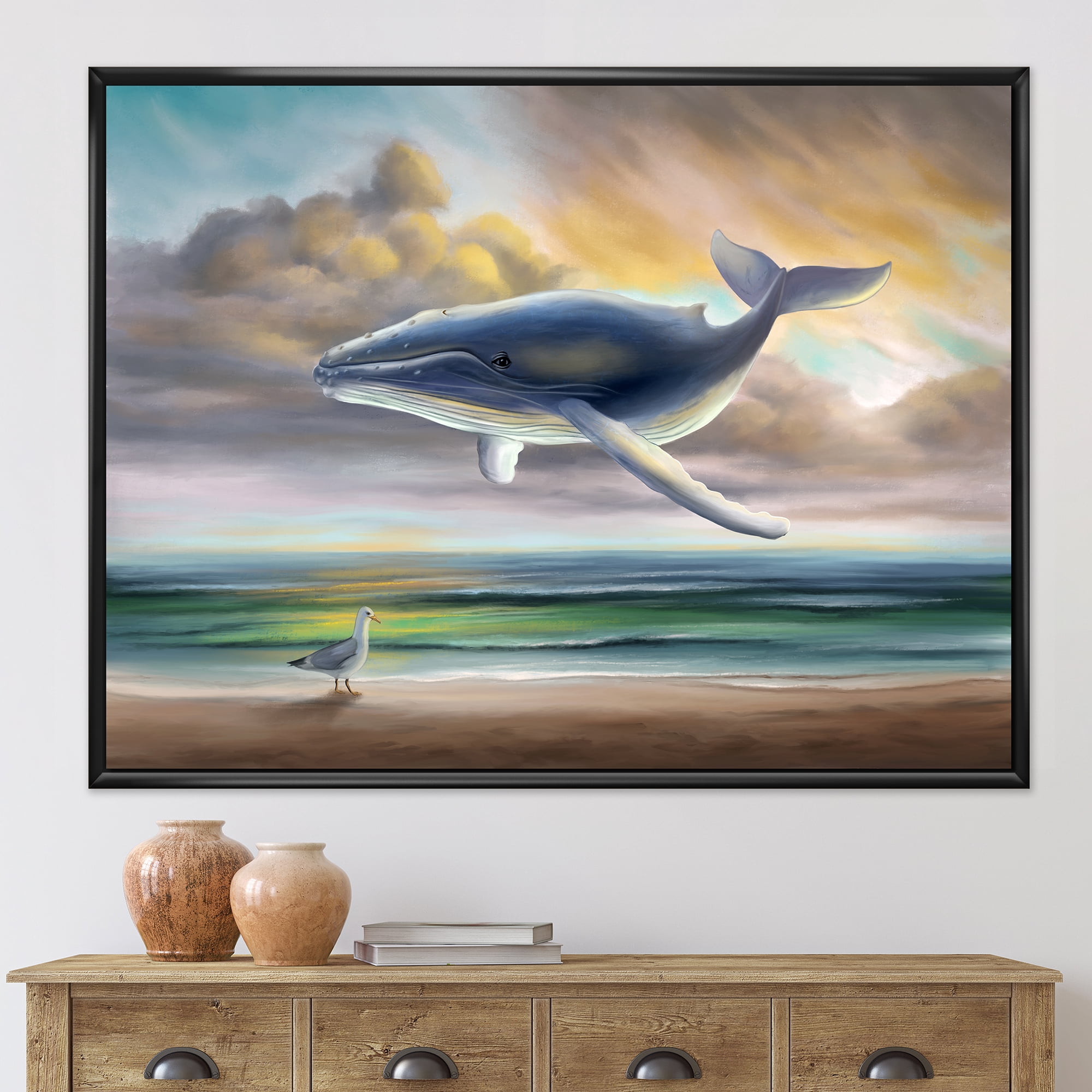 Designart 'Whale Floating In The Sky Over Beach' Children's Art Framed Canvas Wall Art Print