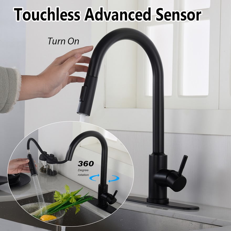 Modern Kitchen Touch Touchless Faucet With Pull Out Spray Head High Arc Single Handle Sink Water Mixer Tap Pull Down Sprayer 360 Degree Swivels With Faucet Plate Matte Black Stainless Steel Walmart Canada