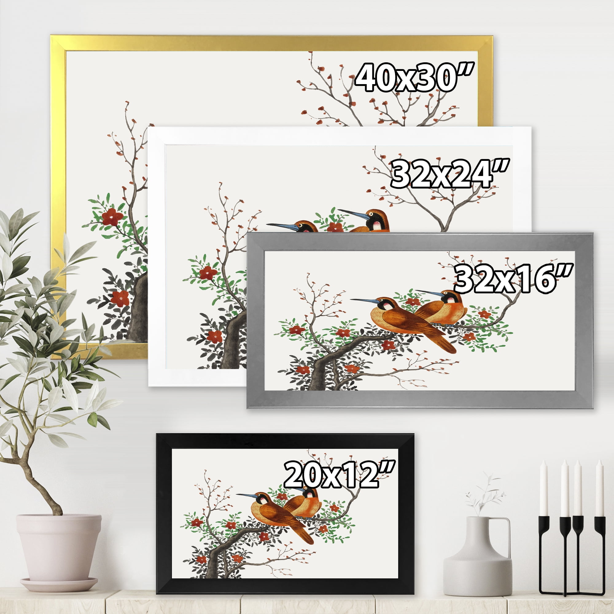 A Flowering Tree Branch With Two Chinese Birds 40 in x 30 in Framed Painting Canvas Art Print, by Designart