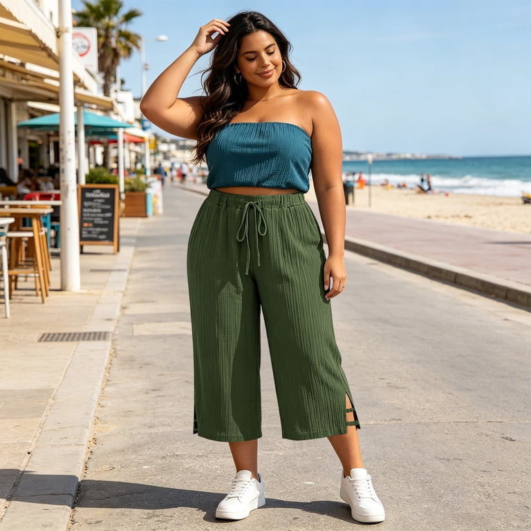 Lytess PANTACOURT SLEEP&Slim カプリパンツL〜XL HongQid Plus Size Capri Pants for Women Textured Drawstring Wide