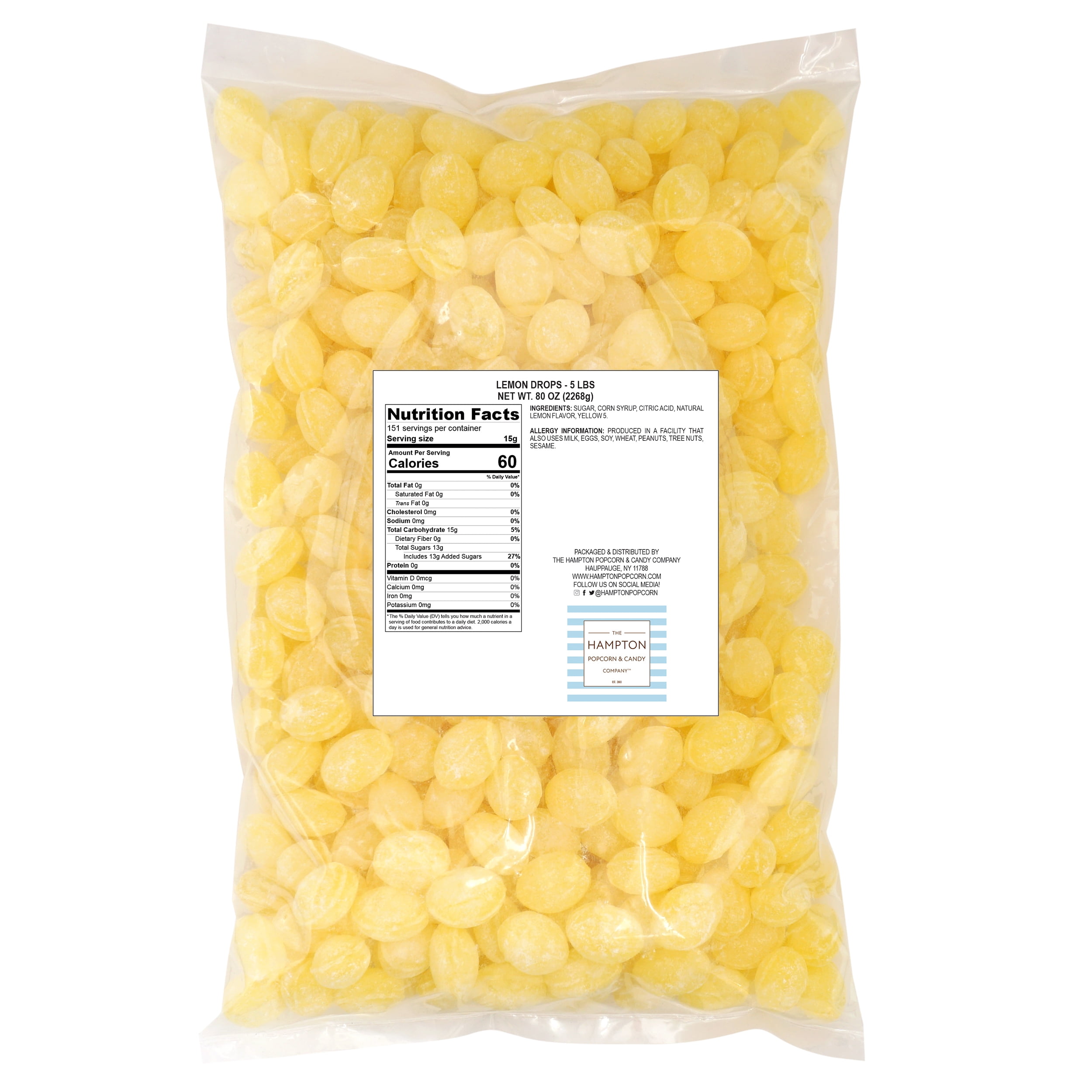 Claeys Sanded Lemon Drops, 5 Pound Bulk Bag (Approx 360 Pieces), Hard Sour Candy, Lemon Flavored Candy