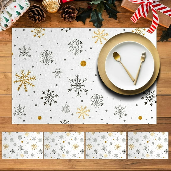 MIZHONA Christmas Placemats Set of 4,Winter Snowflake Linen Table Mats for Table Decorations 12x18 in