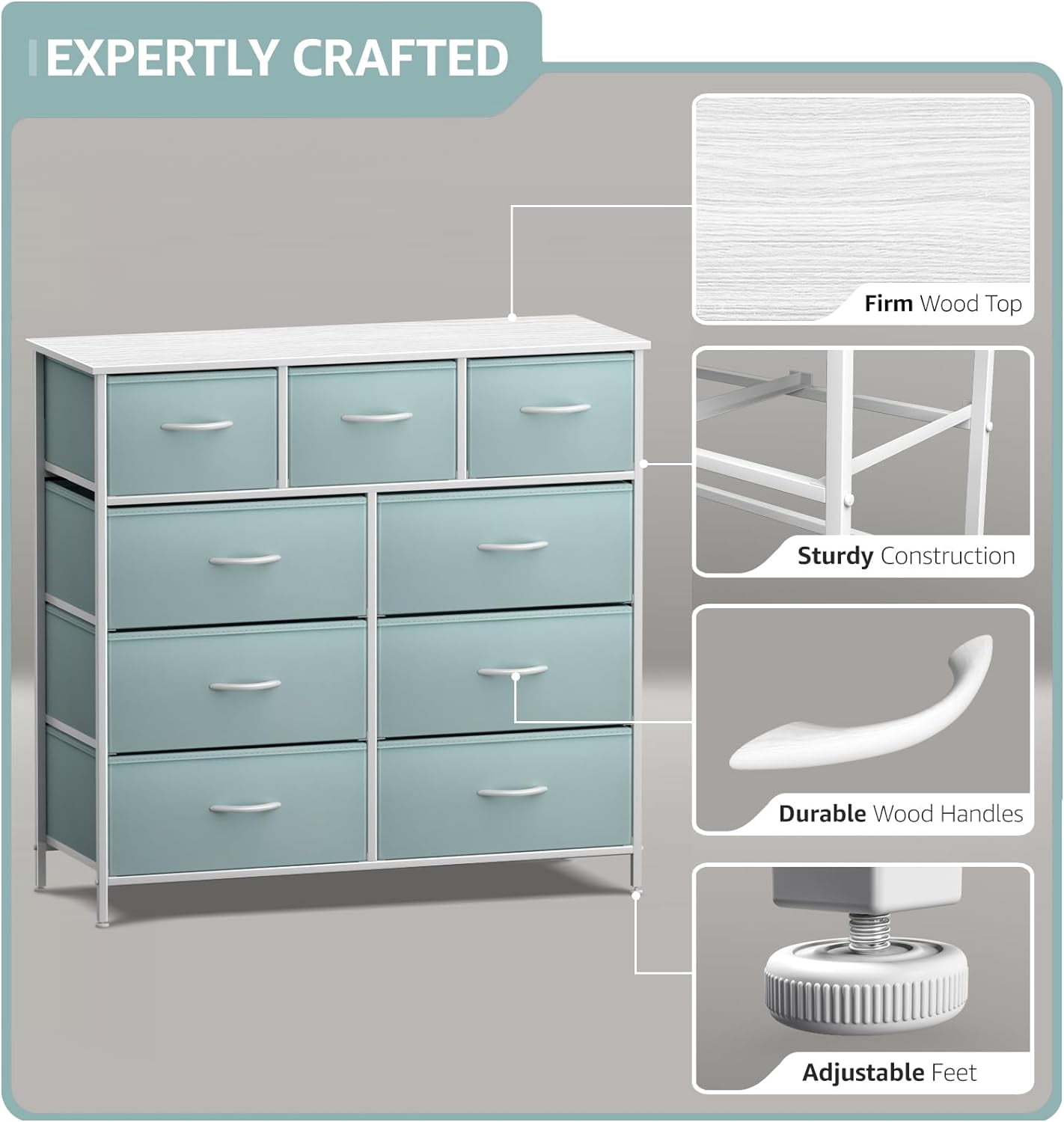 Sorbus 9-Drawer Dresser Nightstand End Table, Steel Frame, Wood Top, Aqua