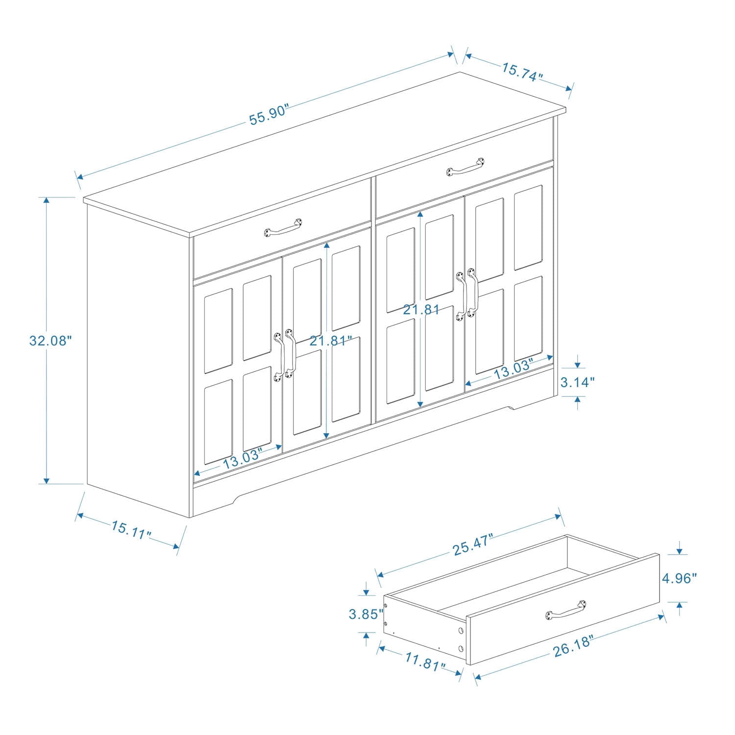 MAYEERTY 55.91-Inch Large Farmhouse Buffet Cabinet, Storage Sideboard with 2 Drawers 4 Doors for Kitchen Dining Room White