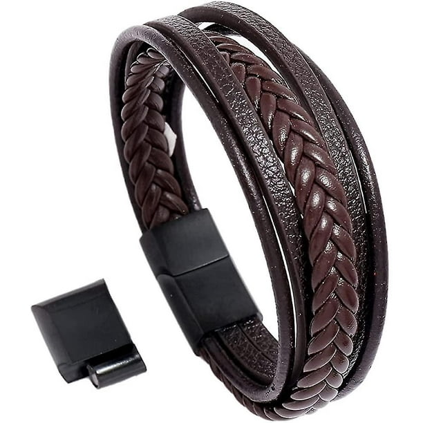 Mens Leather Cuff Bracelet Adjustable With Magnetic Clasp Cowhide  Multi-layer Leather Braided Boys Leather Bracelets Gift 