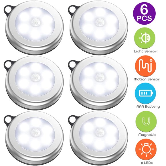 Upgraded Motion Sensor LED Night Light, Non-Fall Cordless Battery-Powered Wall Light, Stick-on Magnet Closet Lights, Safe Lights for Stairs, Hallway, Bathroom, Kitchen, Cabinet (Pack of 6, White)