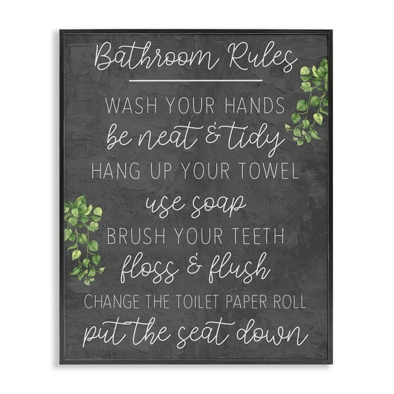 Stupell Industries Bathroom Rules with Greenery Bath & Laundry Painting Black Framed Art Print Wall Art, 11 x 14