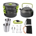 thumbnail image 3 of Kit de utensilios de cocina para acampar, tazas de acero inoxidable, olla plegable ergonómica, sartén, hervidor con utensilios para senderismo, picnic Verde, 3 of 8