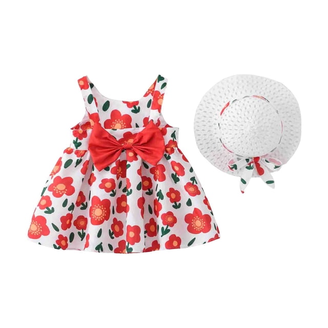 Robe Bébé Fille Sans Manches Tutu Robes Robes d'Été pour Filles avec Chapeaux 2 Pcs Robe de 1er Anniversaire 4-5 Ans