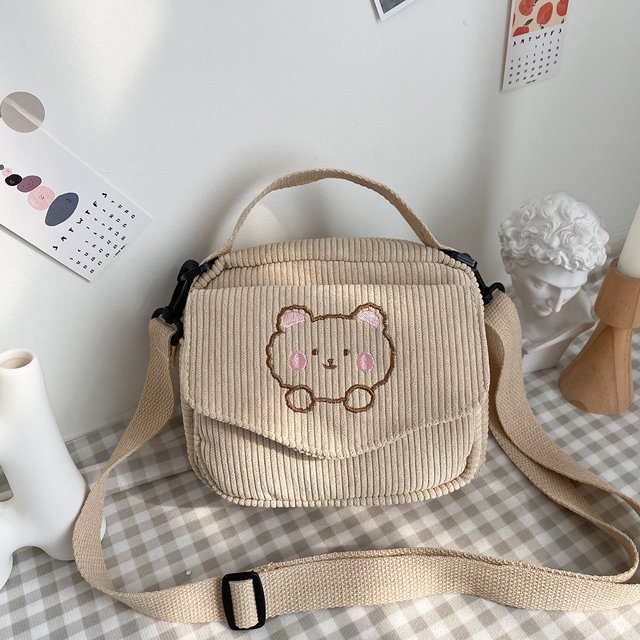 Bolso Bolso bandolera de pana bordado oso estudiante chica pequeño bolso de hombro (beige)