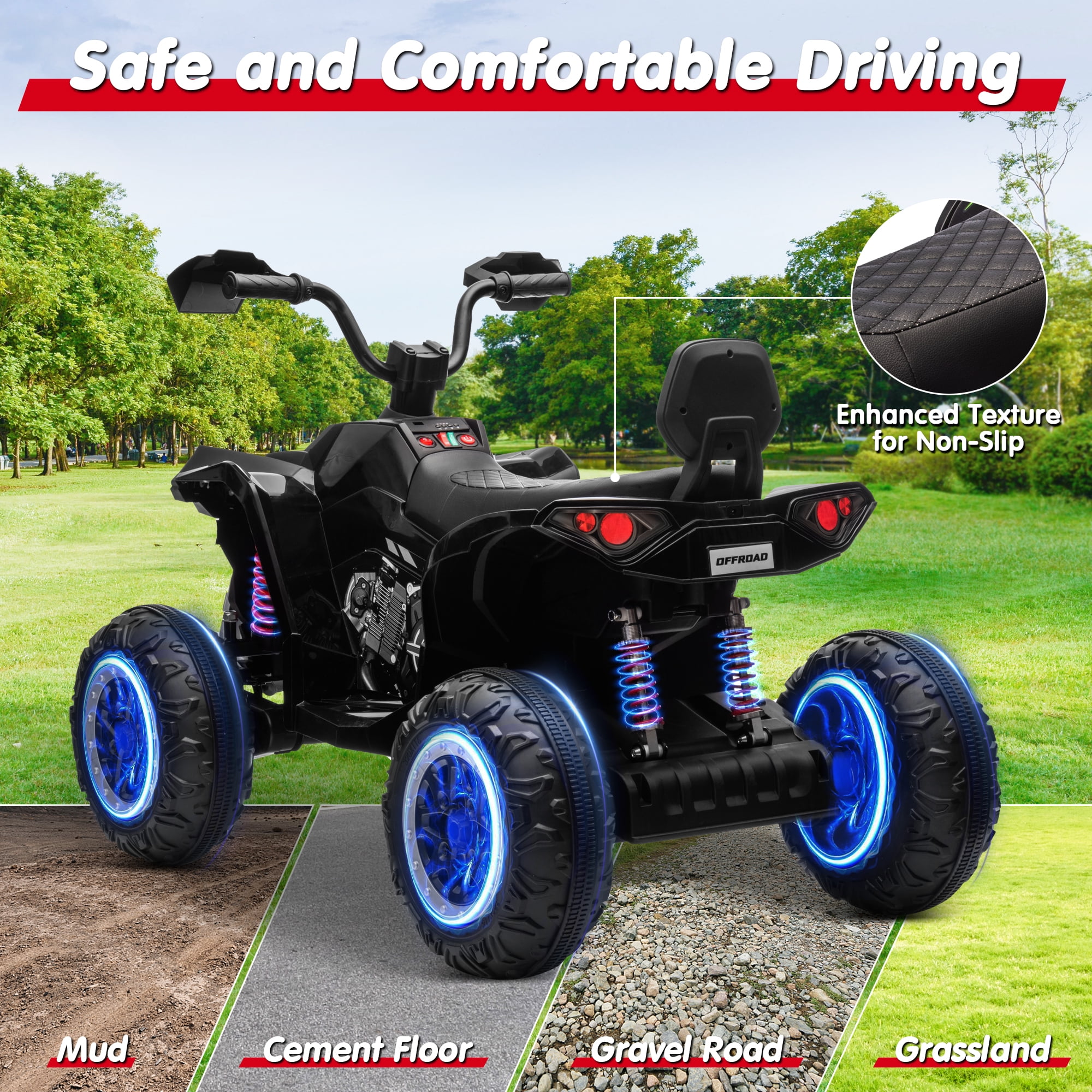 Joyracer 4WD 24V 2 Seaters Kids Ride on Toy, 4×200W Motors, 7AH Battery Powered Electric 4-Wheeler ATV w/ Kneepads, Music, Black
