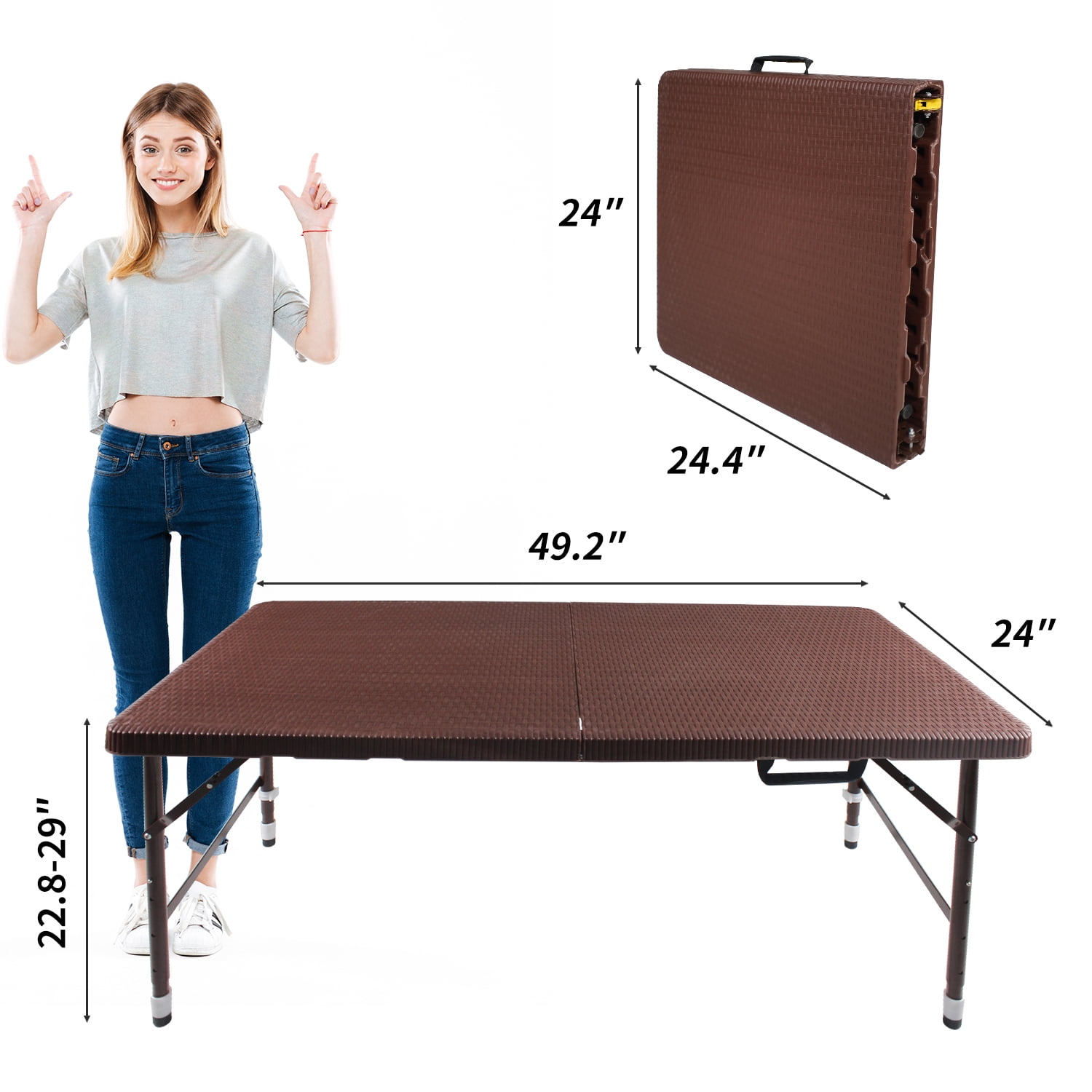 Hommoo 4FT Rattan Folding Table, Plastic Adjustable Portable Foldable Table, Camping Table for Indoor& Outdoor, Brown