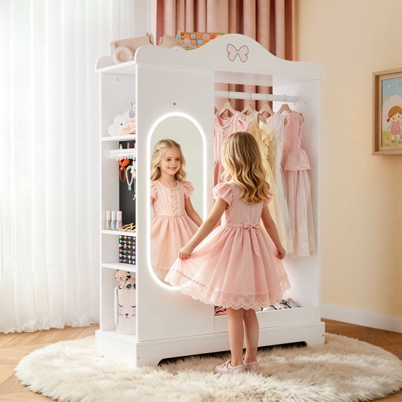 Guqiart Girls Princess Dress-Up Armoire Wardrobe with Mirror, Kids Jewelry Cabinet & Storage Shelves, Kids Organizer Closet for Bedroom & Kids Room