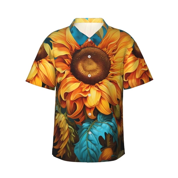 Fotbe Deep Yellow Colorful Sunflower Camisa Hawaiana para Hombre Unisex – Camisa Casual de Verano con Botones de Manga Corta de Algodón y Lino,Medium