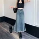 thumbnail image 3 of Falda de cola de pez azul de cintura alta en forma de A para mujer, vestido versátil de largo medio con flecos vintage que cubre la cadera y de mezclilla a la moda, 3 of 4