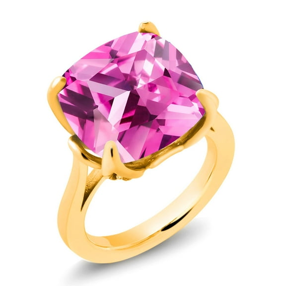 Gem Stone King 18K Yellow Gold Plated Silver Pink Created Sapphire and White Created Sapphire Engagement Ring for Women (14.62 Cttw, 14MM Cushion, Size 8)