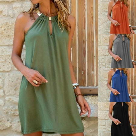 

Taluosi Lady Dress Metal Halter Loose Casual Women Loose Sleeveless Dress for Party