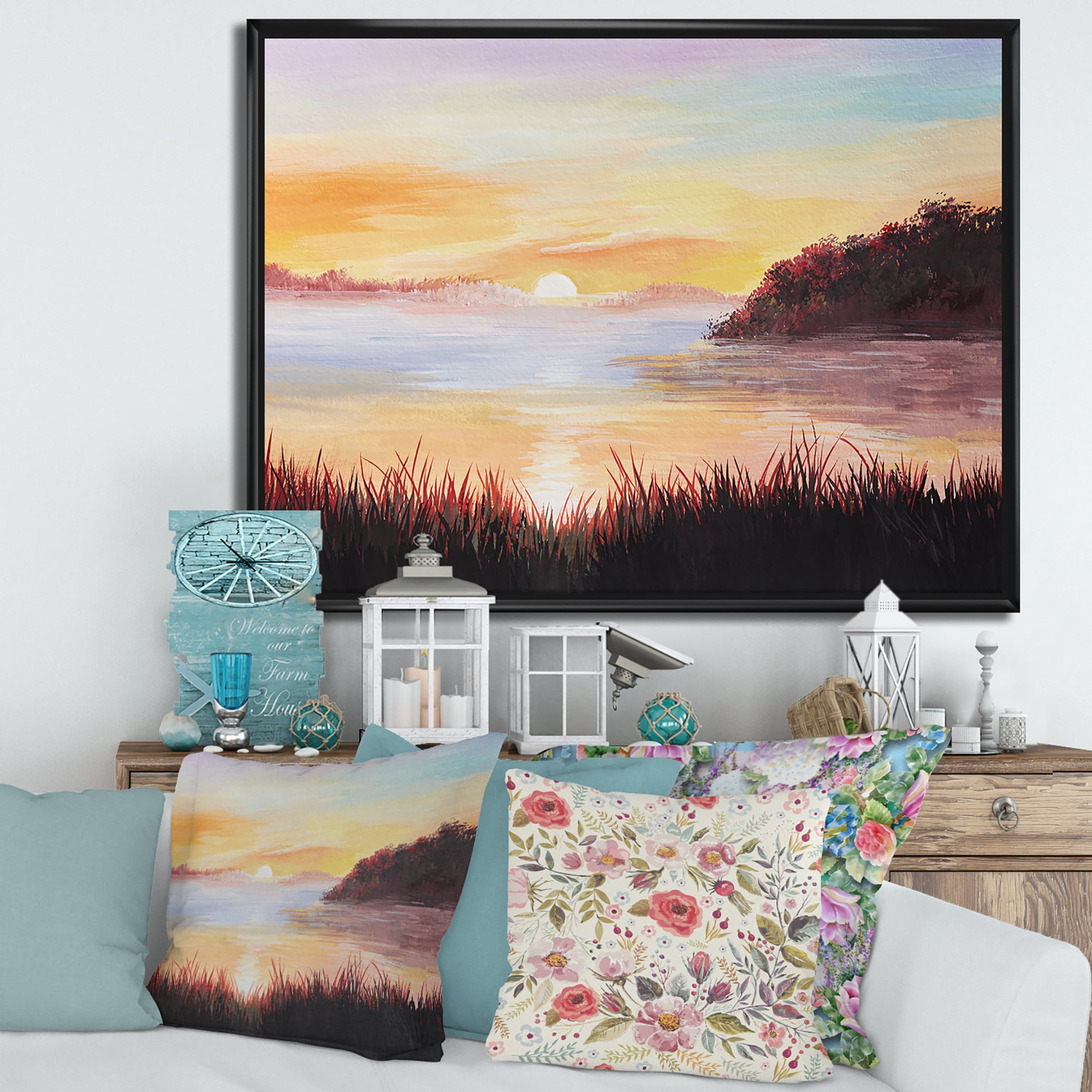 The Reeds On The Lake In Evening Glow 32 in x 24 in Framed Painting Canvas Art Print, by Designart