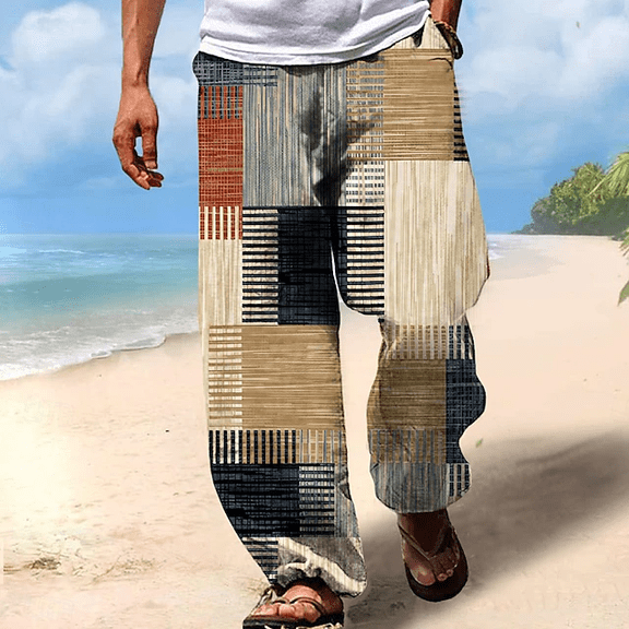 Men's Casual Linen Pants Elastic Waist Drawstring Beach Summer Pants Lightweight Linen Trousers Khaki XL