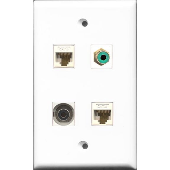 RiteAV 1 Port RCA Green and 1 Port 3.5mm 2 Port Cat6 Ethernet White Wall Plate