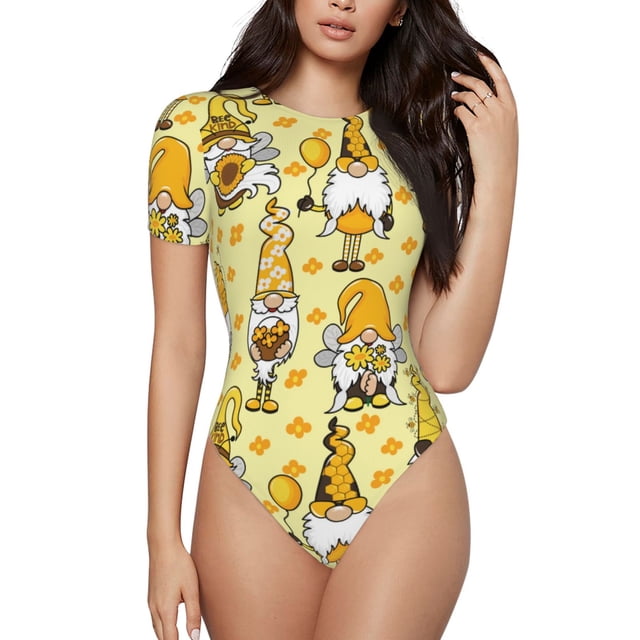 Fotbe Garden Honeybee Gnomes Body de Mujer con Cuello Redondo y Mangas Cortas, Sin Mangas Ajustado, Suave, Cómodo y Básico-X-Large