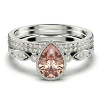 Dazzling Boho & hippiepie 2.25 Carat Pear Cut Morganite And Diamond Moissanite Engagement Ring, Wedding Ring, Two Matching Band in 925 Sterling Silver With 18k White Gold Plating, Birthday Gift