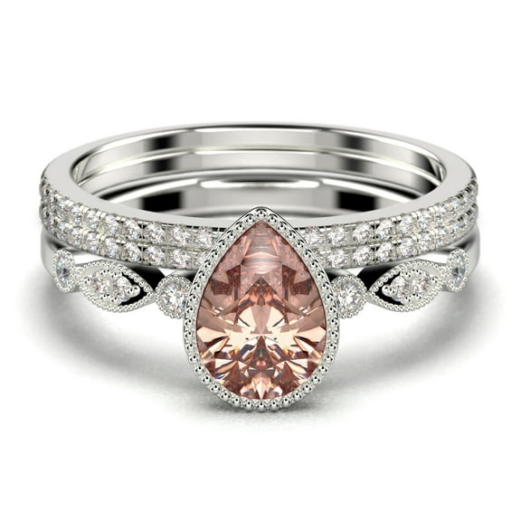 Dazzling Boho & hippiepie 2.25 Carat Pear Cut Morganite And Diamond Moissanite Engagement Ring, Wedding Ring, Two Matching Band in 925 Sterling Silver With 18k White Gold Plating, Birthday Gift