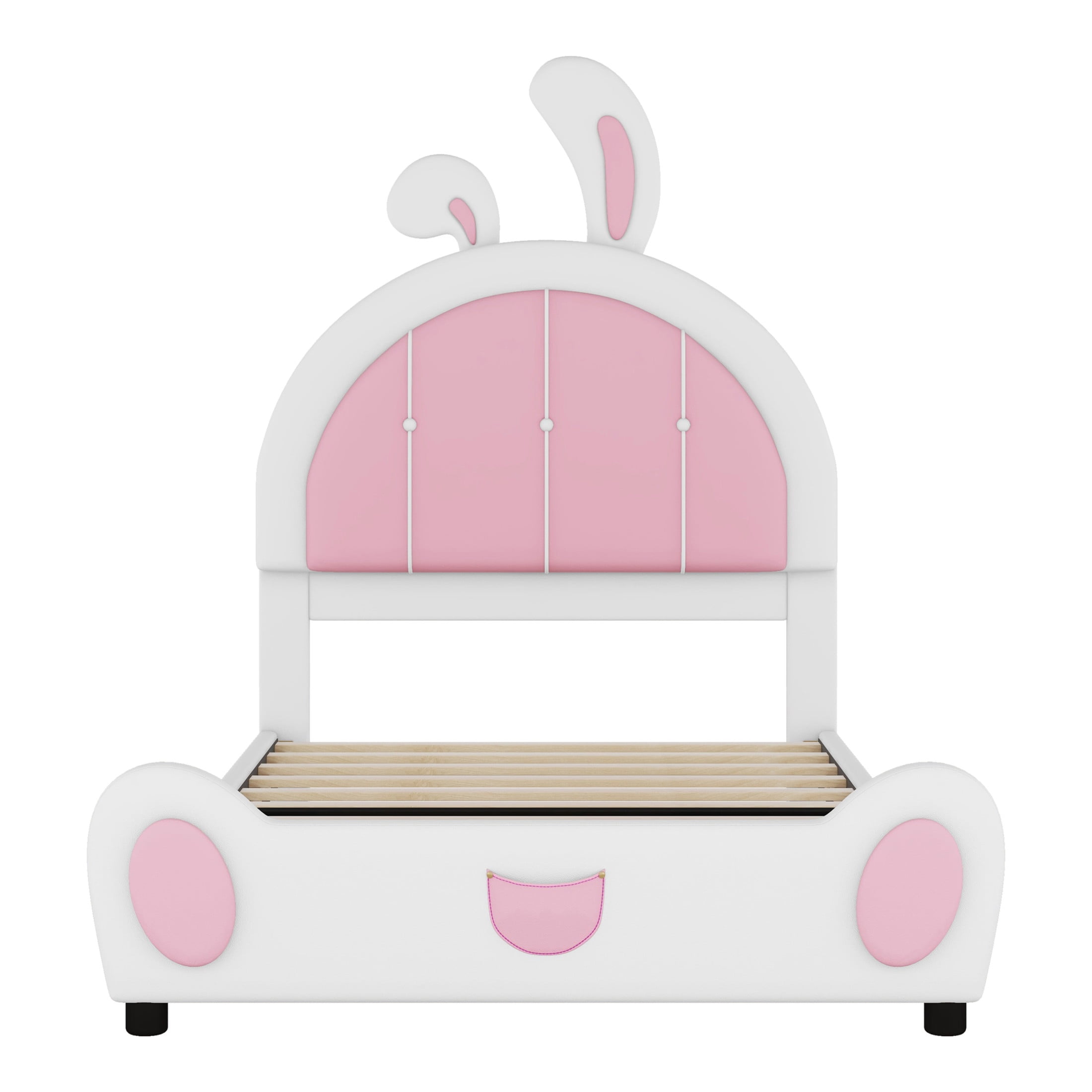 Noble House Collis Twin Upholstered Platform Bed, Rabbit Shaped Bunny Ear Headboard, PU Leather, White and Pink