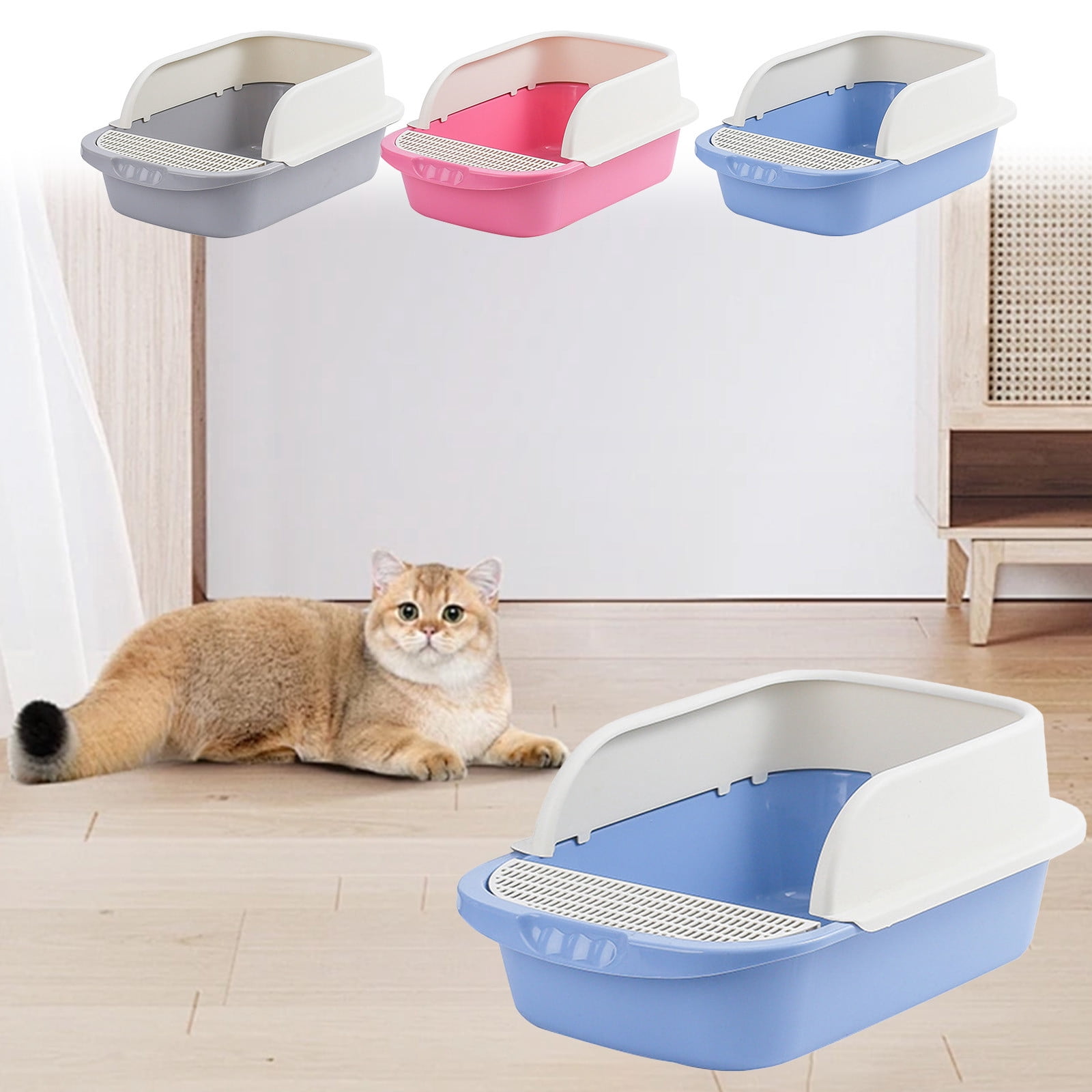 Grey Semi Enclosed Cat Litter Box With High Sides Anti Scatter Includes Scoop Odor Control Easy Clean Plastic 18X12X7 Inch Multiple Colors