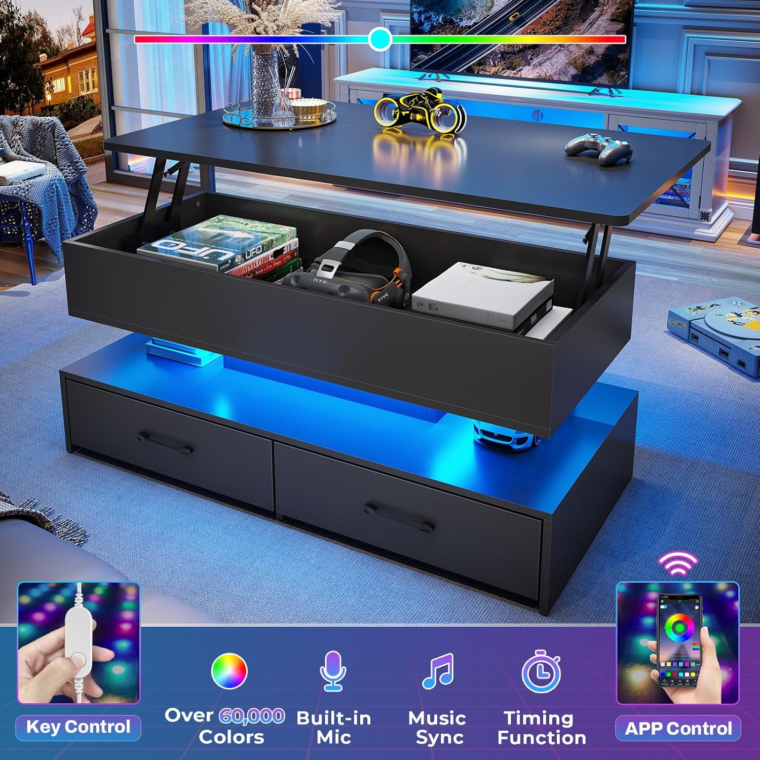 40" Lift Top Coffee Table with Storage, Modern Coffee Table with LED Lights and 2 Drawers, Small Coffee Table for Living Room, Dining Reception Room, Black