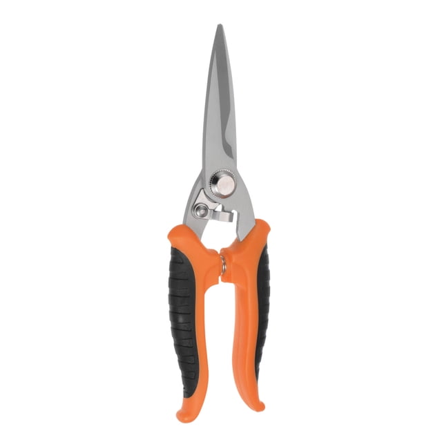 tijeras multifuncionales electricista 8 pulgadas cuchillas acero inoxidable con mango naranja negro para corte delgado metal cobre hojas — Vista frontal de tijeras de 8 pulgadas (200 mm) con hoja de acero inoxidable pulido y hoja dentada junto al pivote, mangos ergonómicos PP+TPR naranja y negro con superficies antideslizantes y cierre de seguridad metálico; aptas para cortar cables, láminas delgadas, plástico, papel y tela, y usadas en papelería y mantenimiento ligero.