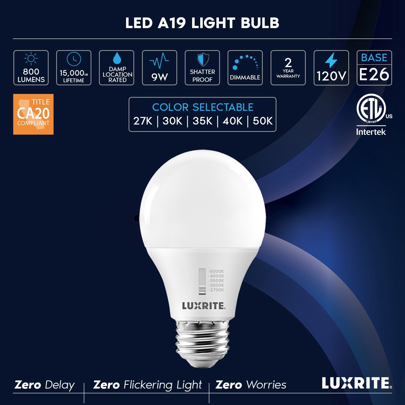 Luxrite A19 LED Light Bulb 60 Watt Equivalent CRI90 5CCT Dimmable 800LM 9W E26 Base ETL 6 Pack