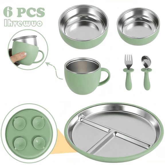 6 Pcs Stainless Steel Baby Feeding Set, Divided Suction Plates and Bowls, Toddler Feeding Supplies with Silicone Suction Base