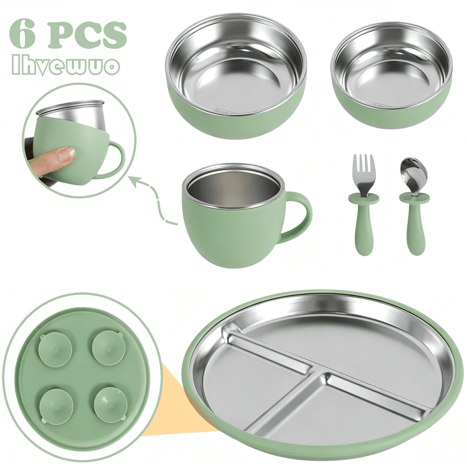6 Pcs Stainless Steel Baby Feeding Set, Divided Suction Plates and Bowls, Toddler Feeding Supplies with Silicone Suction Base