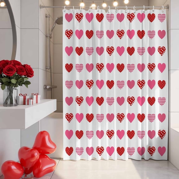 Valentine's Day Shower Curtain, 72" x 72", Pink Plaid Red Love Heart Modern Art Waterproof Bathroom Curtain Washable Shower Curtain Set with 12 Hooks