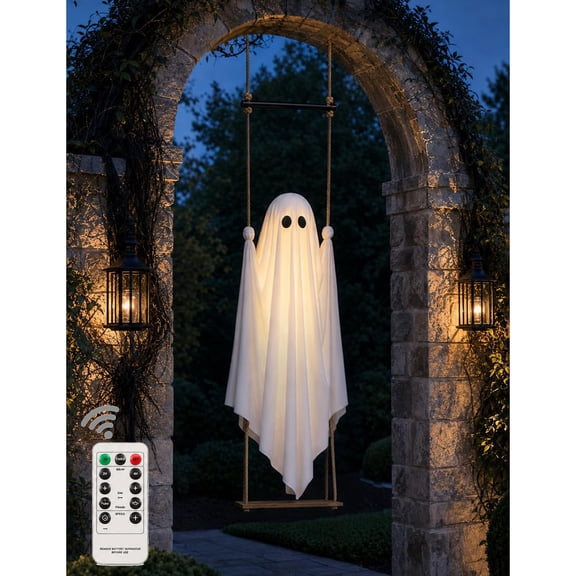 Swinging Ghost Halloween Decorations,32'' Swinging Ghost Outdoor Decor With Remote Control,Ghost Swinging On Swing Halloween Lights,Ghost On A Swing,Hanging Ghosts,Hanging Swing Ghost