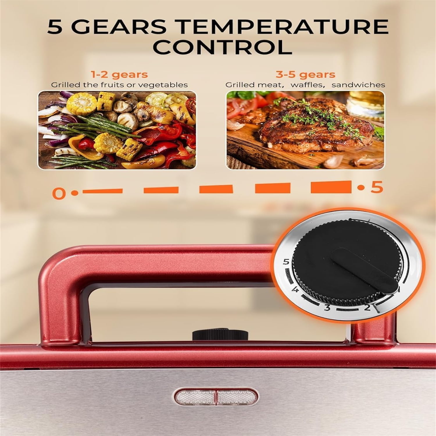 Sandwich Maker, 3 in 1 Waffle Maker with Removable Plates, 1200W Panini Press with Interchangeable Non-Stick Plates, Indicator Lights, 5-gear Temperature Control (Red)